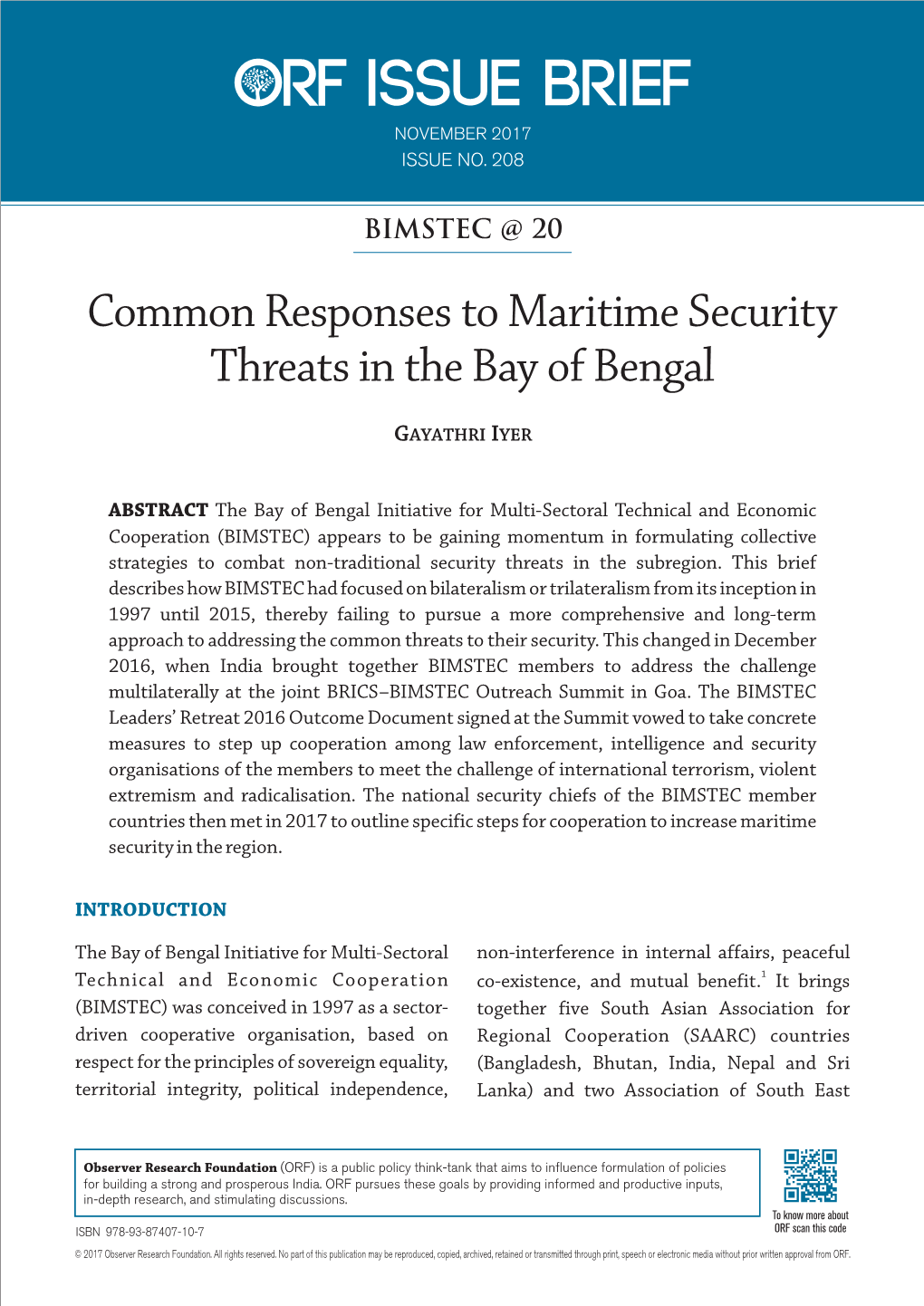 Common Responses to Maritime Security Threats in the Bay of Bengal