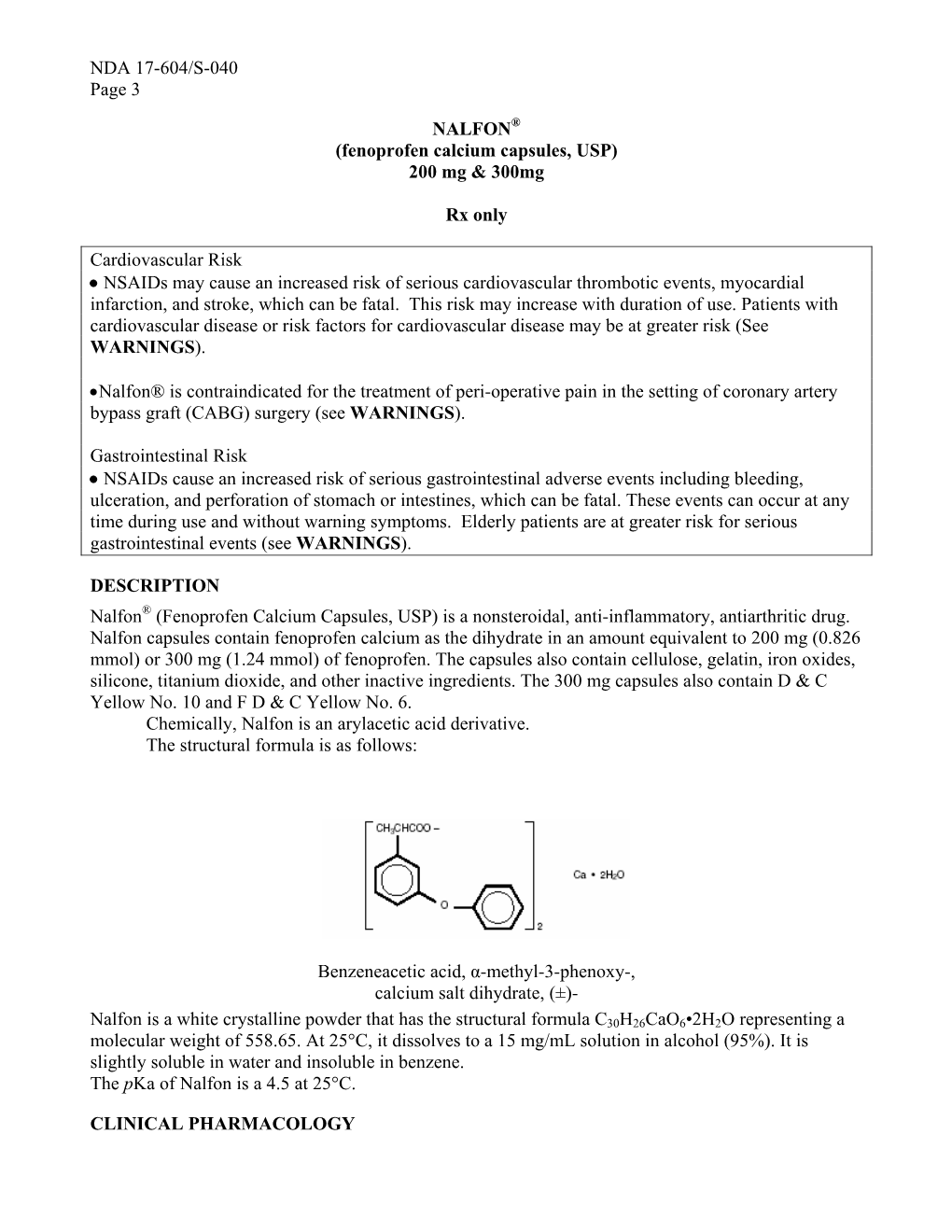 NDA 17-604/S-040 Page 3 NALFON (Fenoprofen Calcium Capsules, USP)