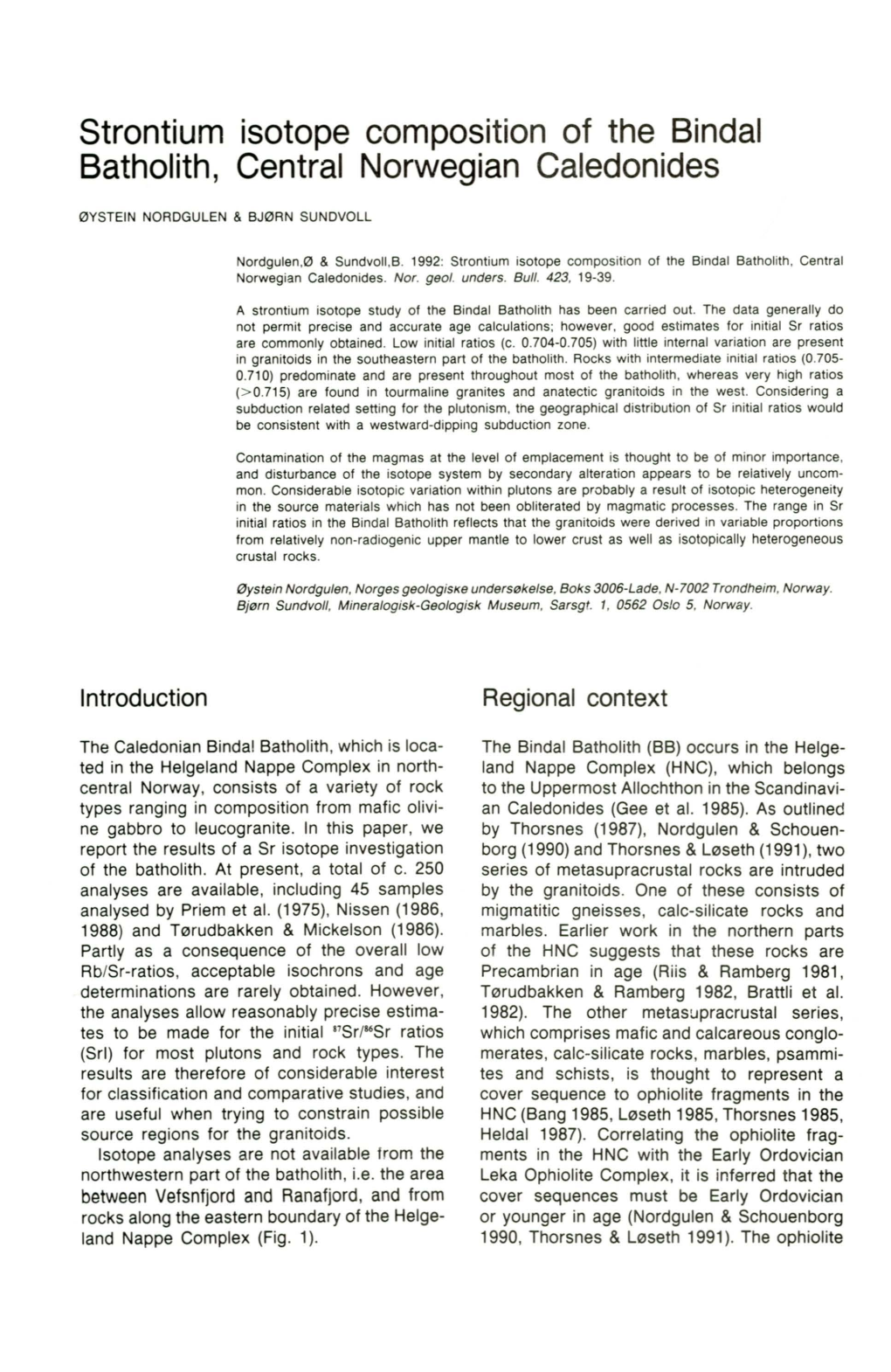 Strontium Isotope Composition of the Bindal Batholith, Central Norwegian