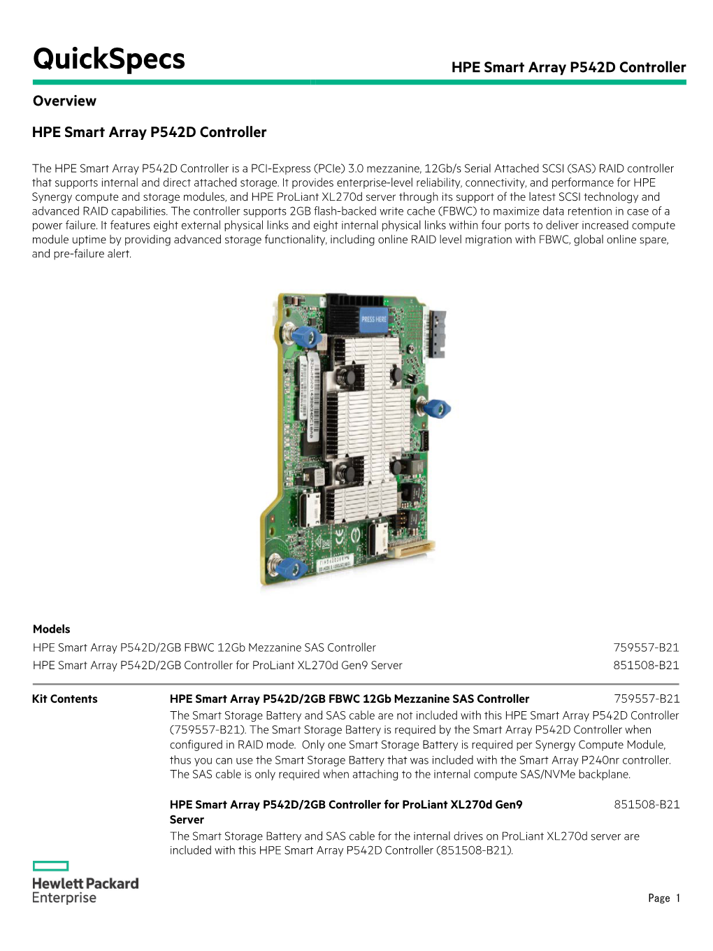 HPE Smart Array P542D Controller Overview