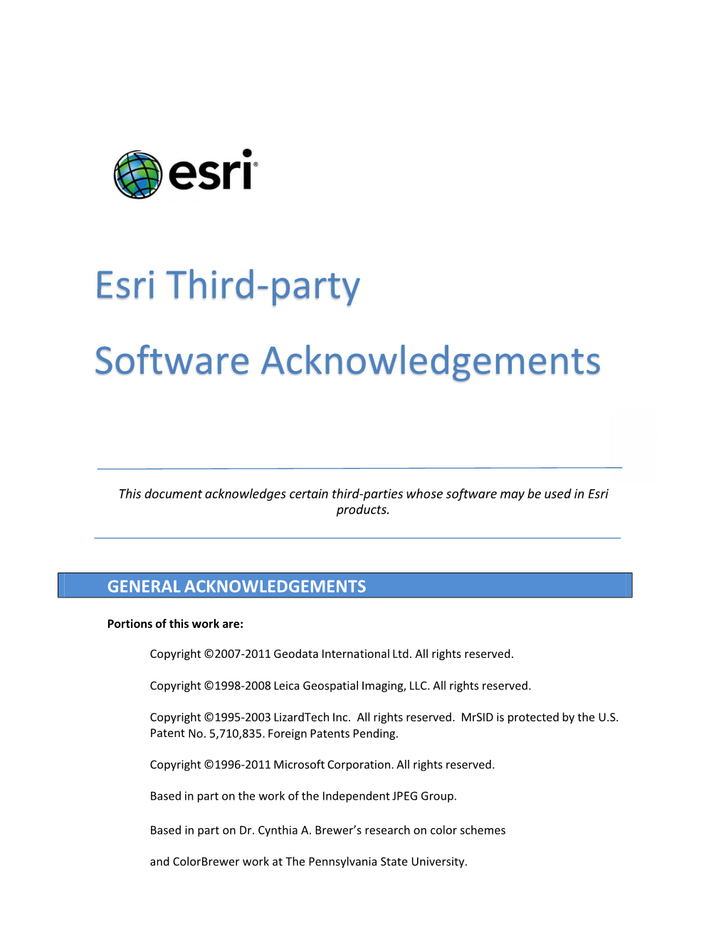 View the Arcgis Acknowledgements PDF Document