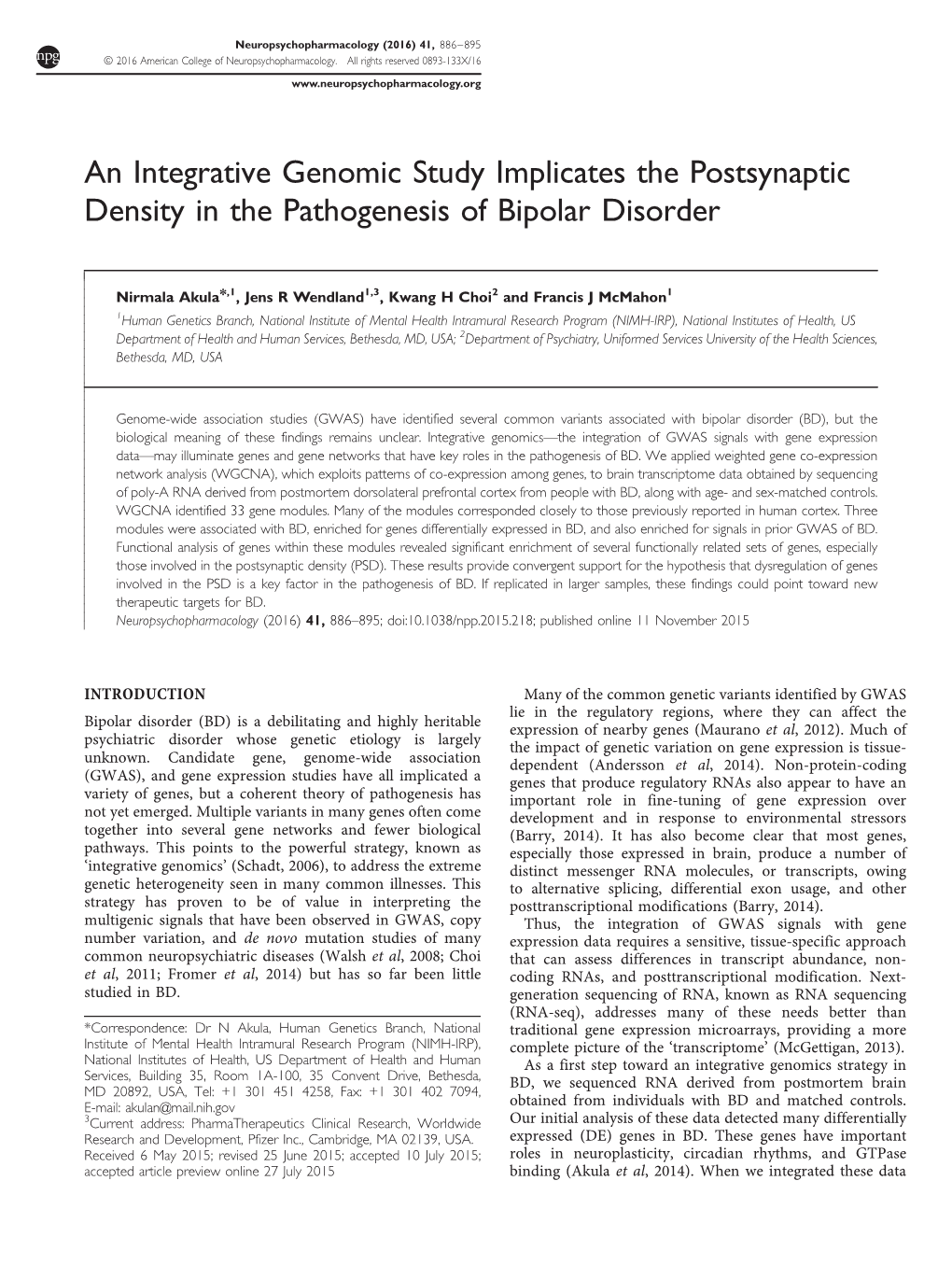 An Integrative Genomic Study Implicates the Postsynaptic Density in the Pathogenesis of Bipolar Disorder