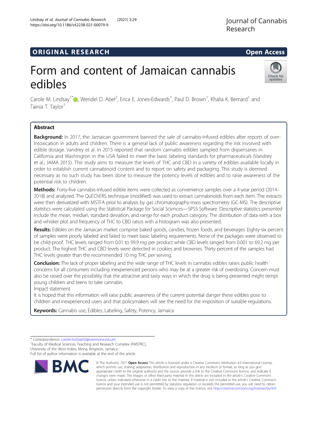 Form and Content of Jamaican Cannabis Edibles Carole M