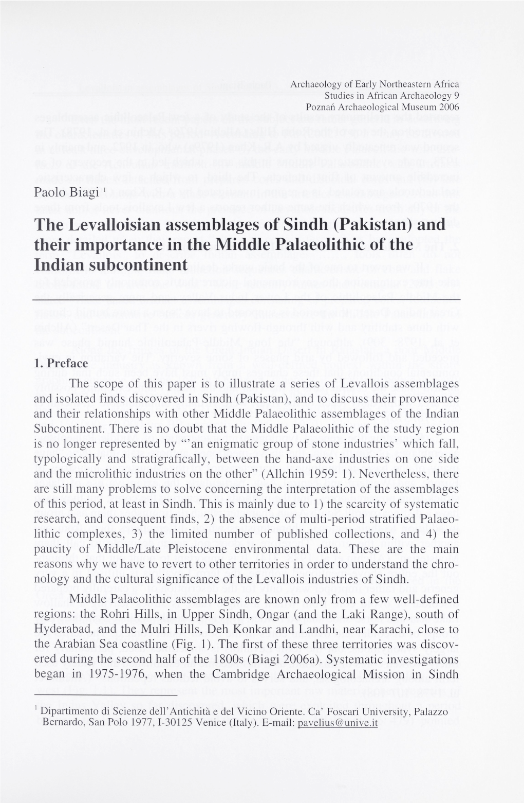 The Levalloisian Assemblages of Sindh (Pakistan) and Their Importance in the Middle Palaeolithic of the Indian Subcontinent