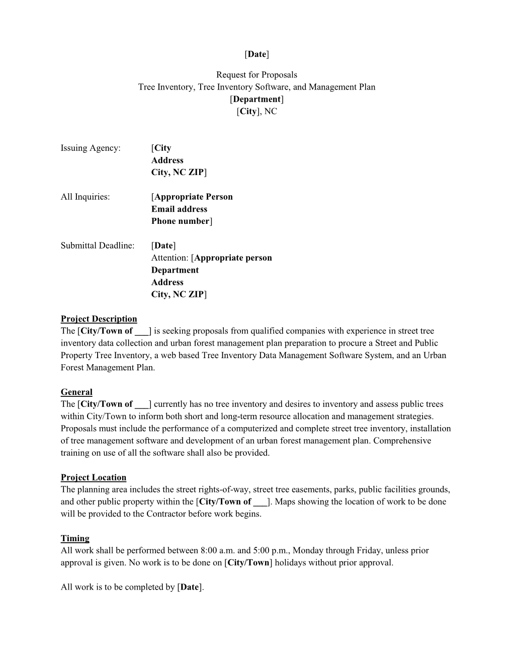 Request for Proposals Tree Inventory, Tree Inventory Software, and Management Plan [Department] [City], NC