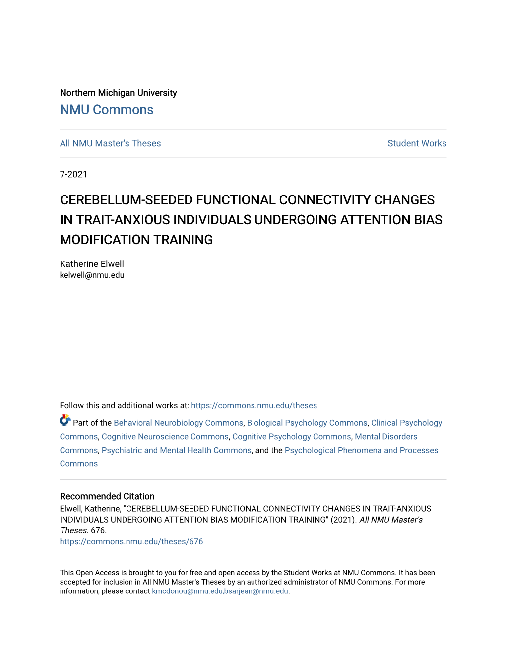 Cerebellum-Seeded Functional Connectivity Changes in Trait-Anxious Individuals Undergoing Attention Bias Modification Training