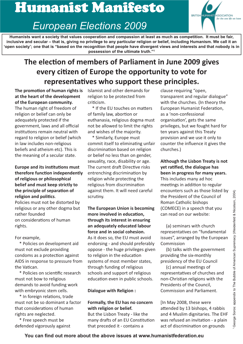 Humanist Manifesto European Elections 2009 Humanists Want a Society That Values Cooperation and Compassion at Least As Much As Competition