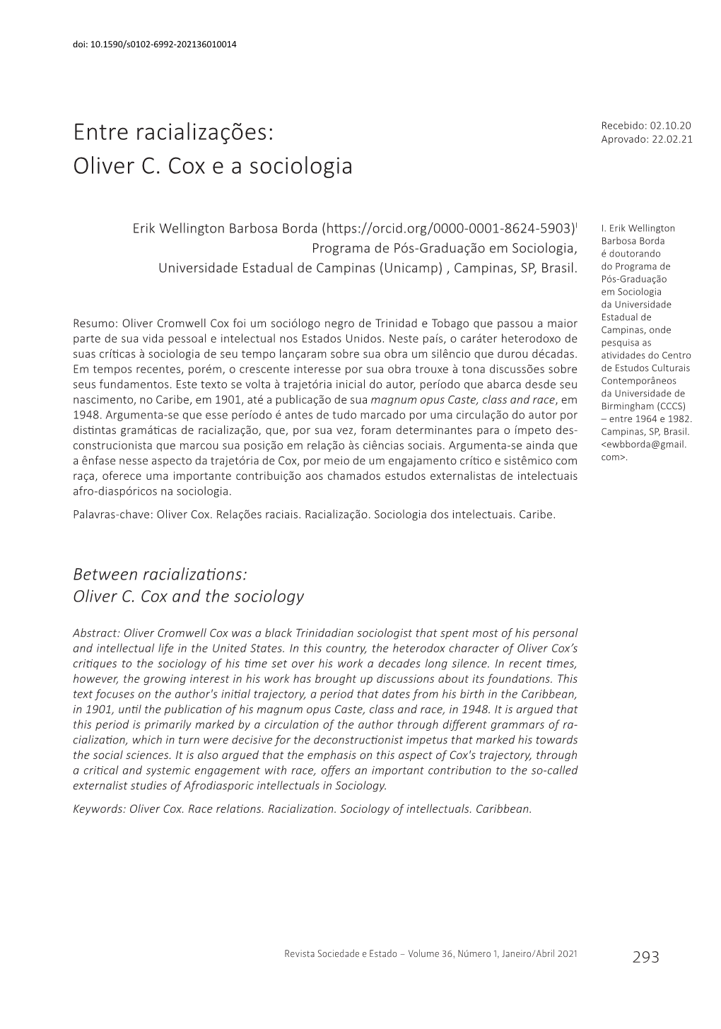 Entre Racializações: Oliver C. Cox E a Sociologia