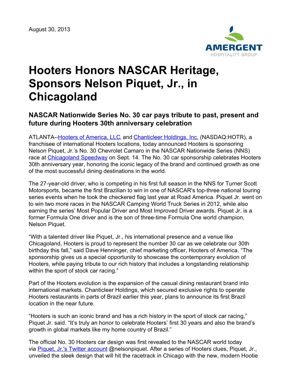 Hooters Honors NASCAR Heritage, Sponsors Nelson Piquet, Jr., in Chicagoland