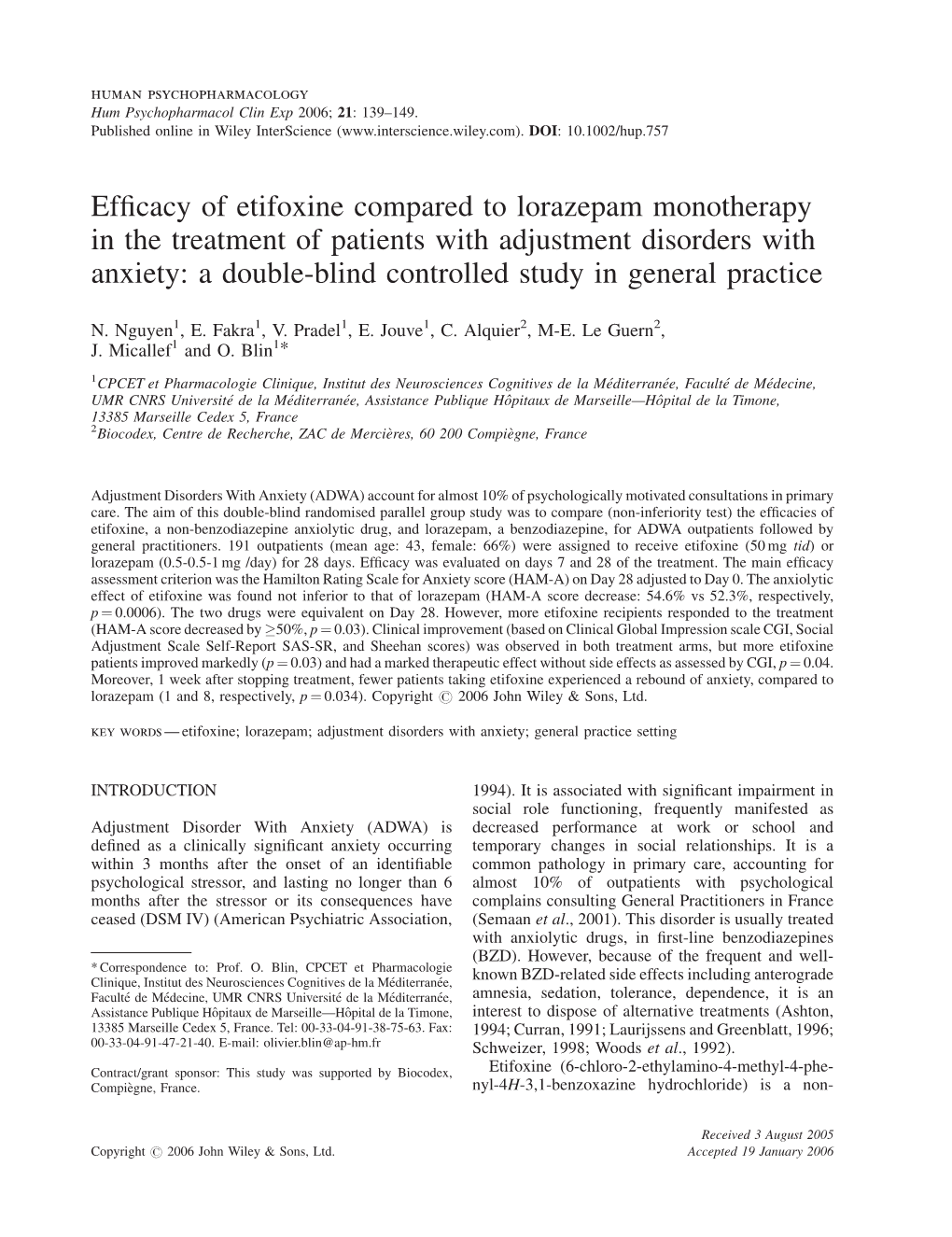 Compared Etifoxine to Lorazepam