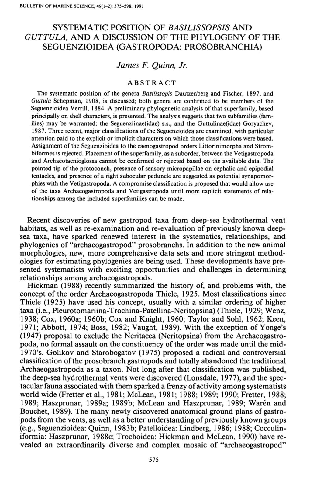 Systematic Position of Basilissopsis and Guttula, and a Discussion of the Phylogeny of the Seguenzioidea (Gastropoda: Prosobranchia)