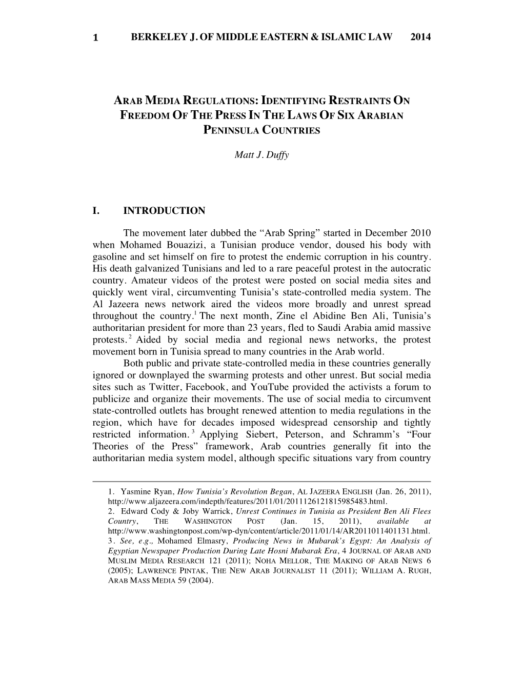 Arab Media Regulations: Identifying Restraints on Freedom of the Press in the Laws of Six Arabian Peninsula Countries