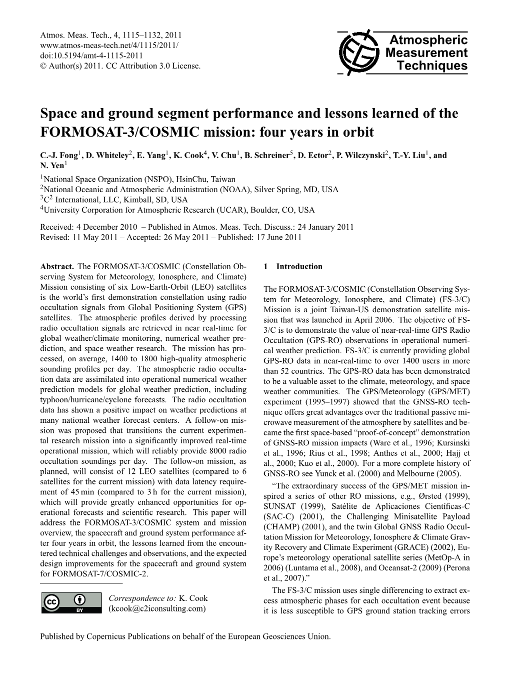 Space and Ground Segment Performance and Lessons Learned of the FORMOSAT-3/COSMIC Mission: Four Years in Orbit