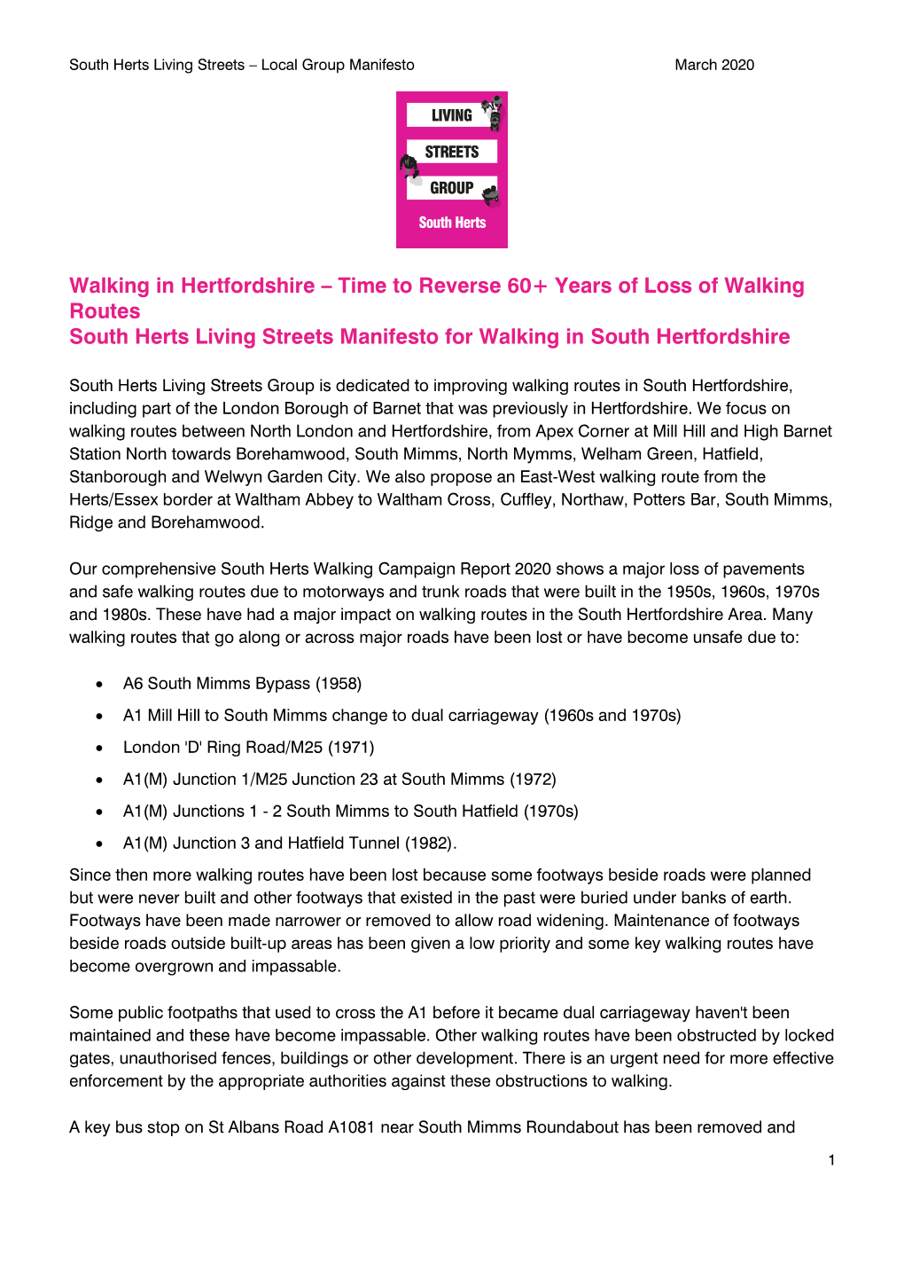 South Herts Living Streets Local Group Manifesto March 2020