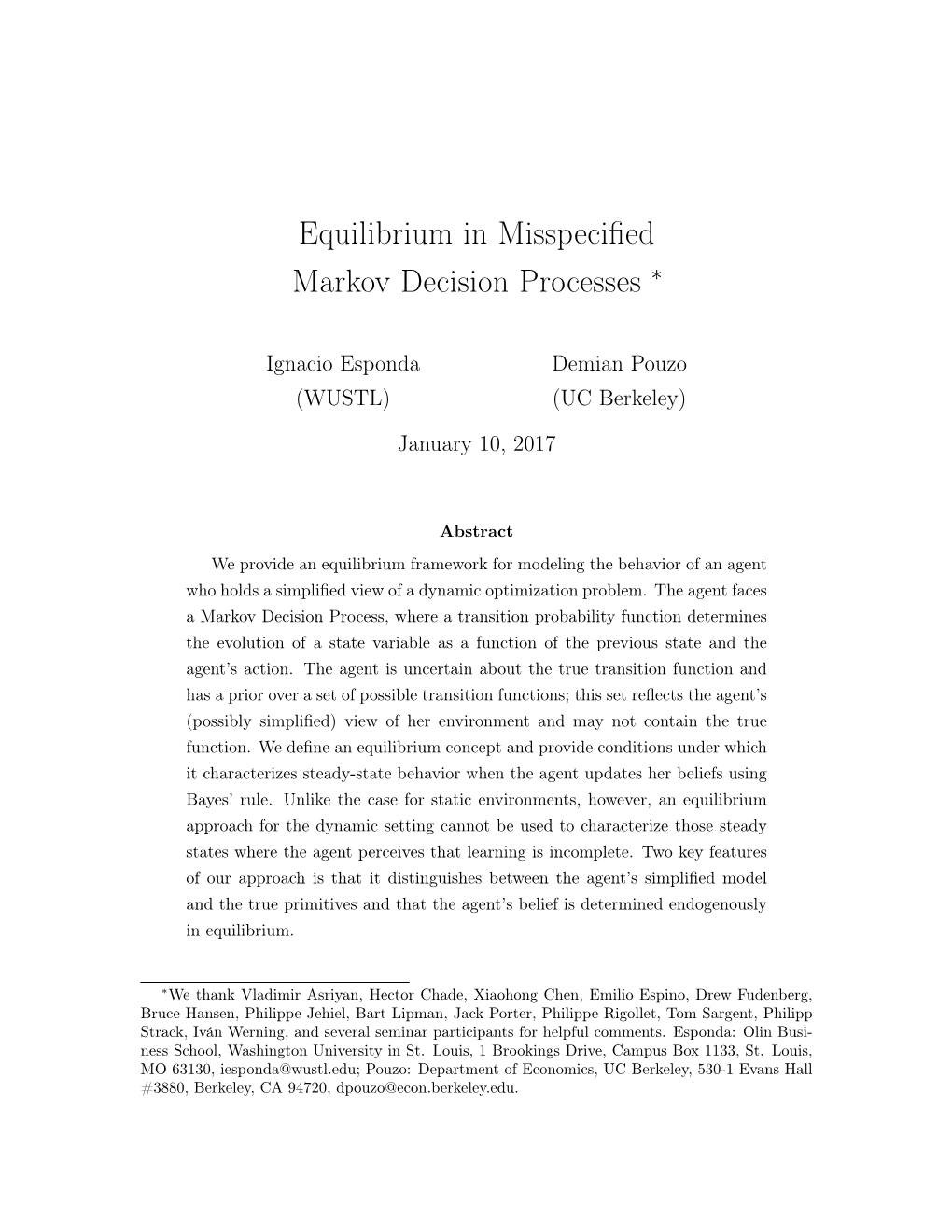 Equilibrium in Misspecified Markov Decision