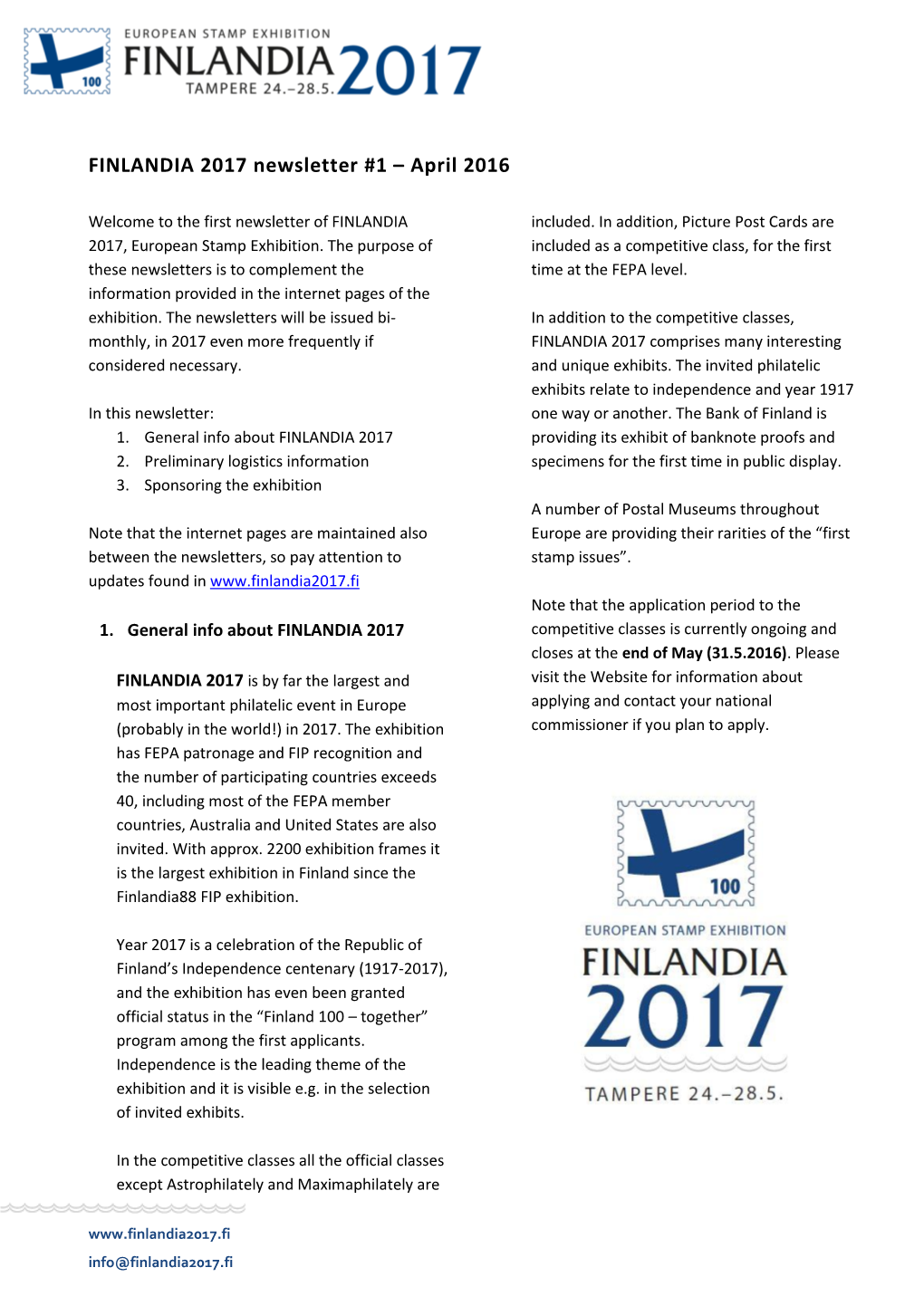 FINLANDIA 2017 Newsletter #1 – April 2016