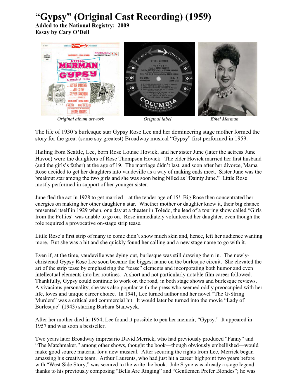 Gypsy” (Original Cast Recording) (1959) Added to the National Registry: 2009 Essay by Cary O’Dell