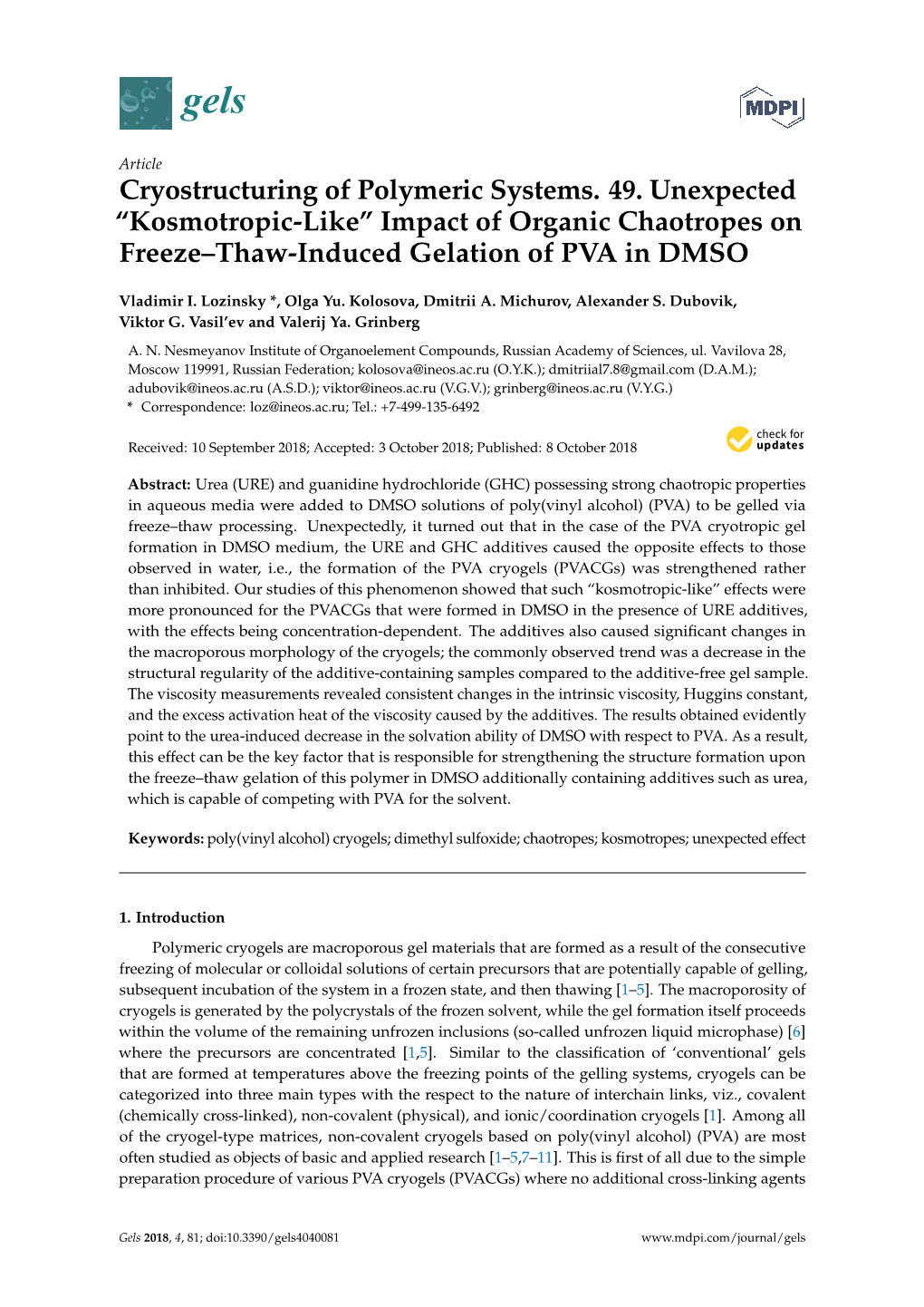 Impact of Organic Chaotropes on Freeze–Thaw-Induced Gelation of PVA in DMSO