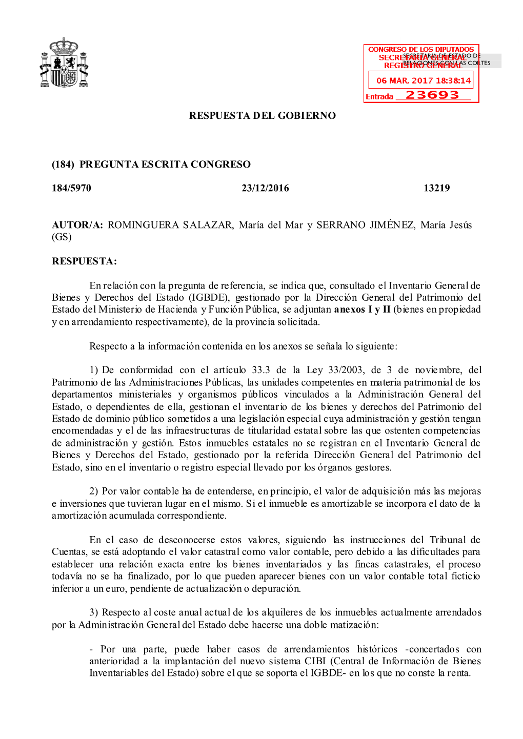 Respuesta Del Gobierno (184) Pregunta Escrita Congreso