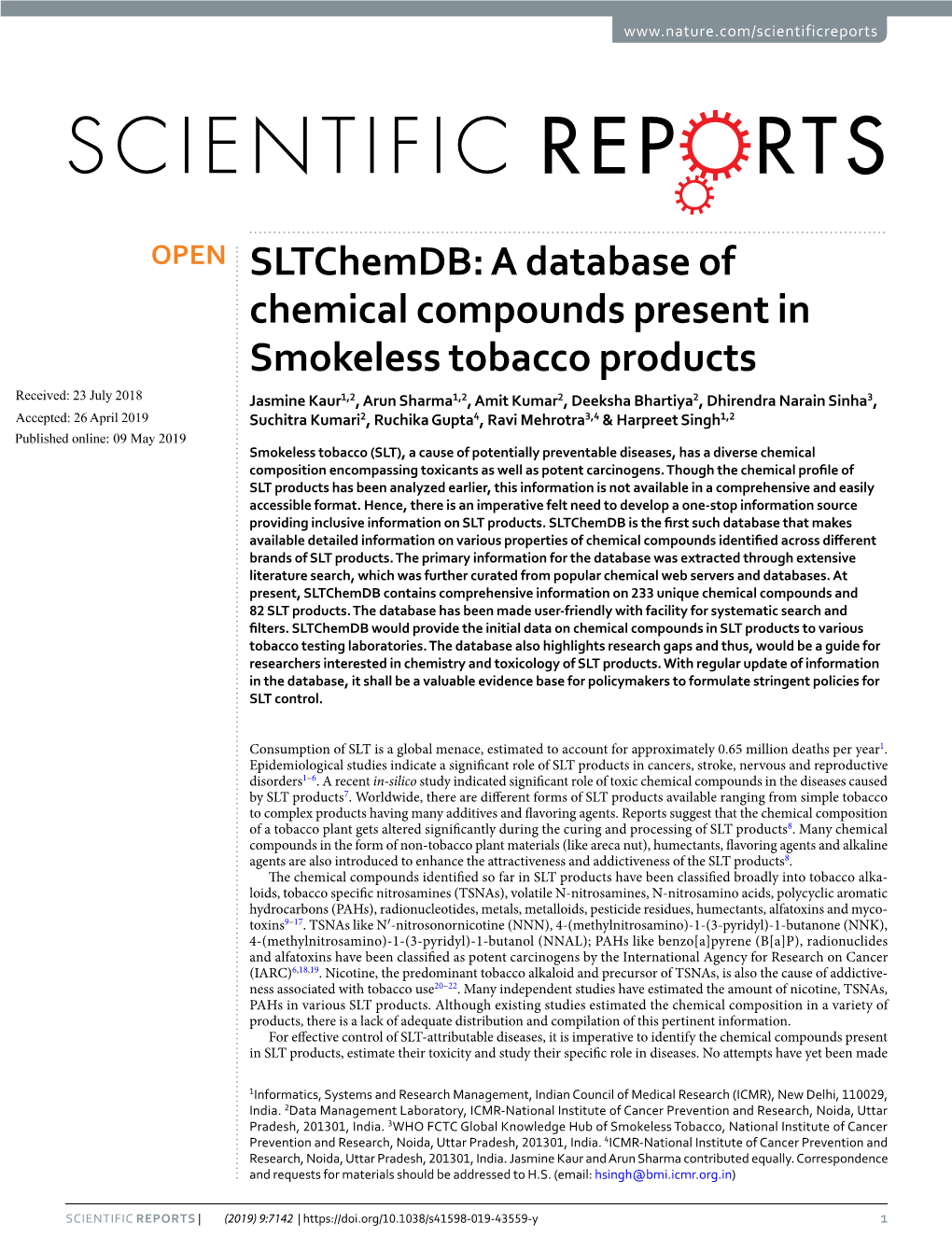 A Database of Chemical Compounds Present in Smokeless Tobacco