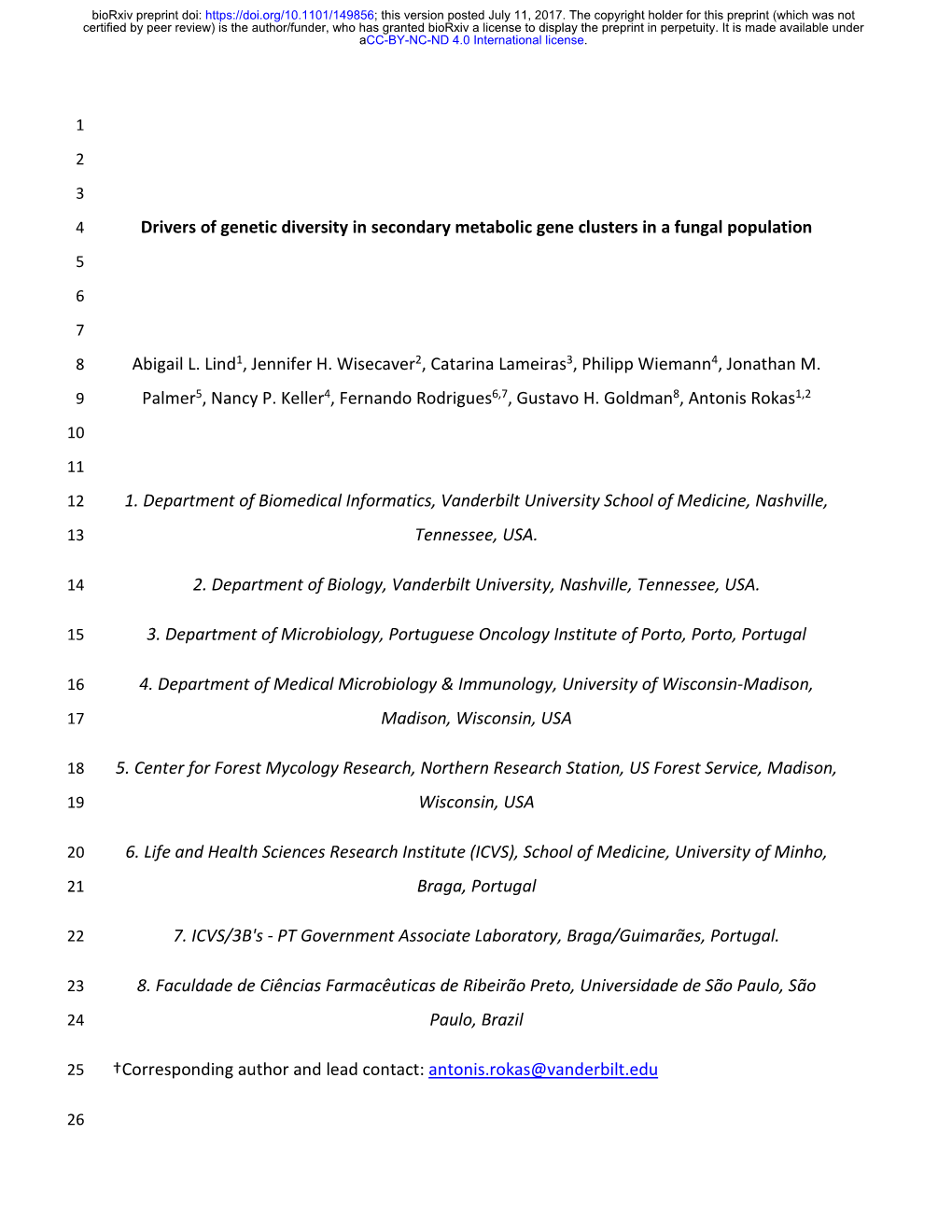 Drivers of Genetic Diversity in Secondary Metabolic Gene Clusters in a Fungal Population 5 6 7 8 Abigail L