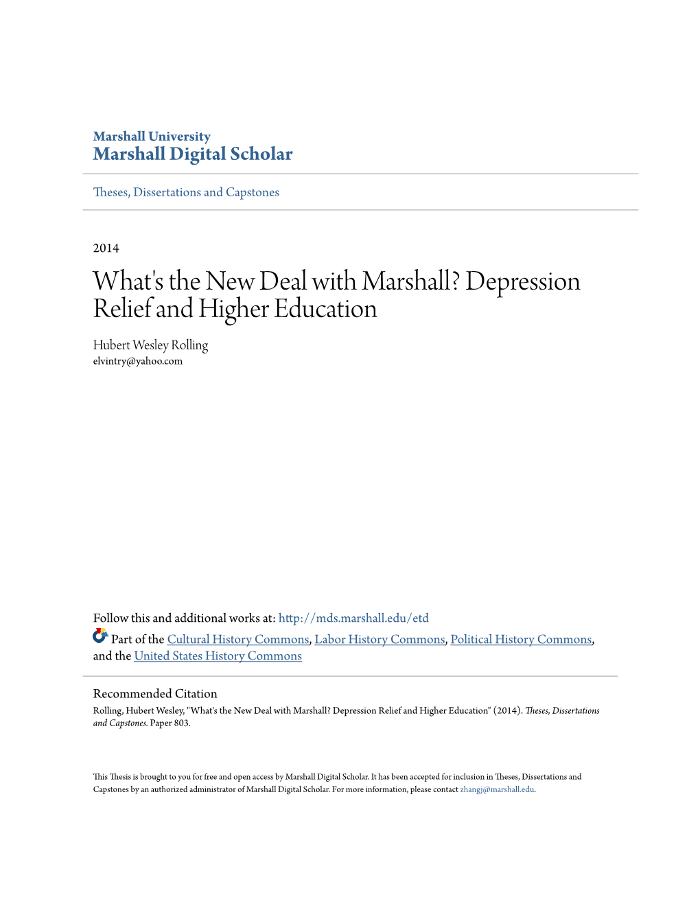 Depression Relief and Higher Education Hubert Wesley Rolling Elvintry@Yahoo.Com