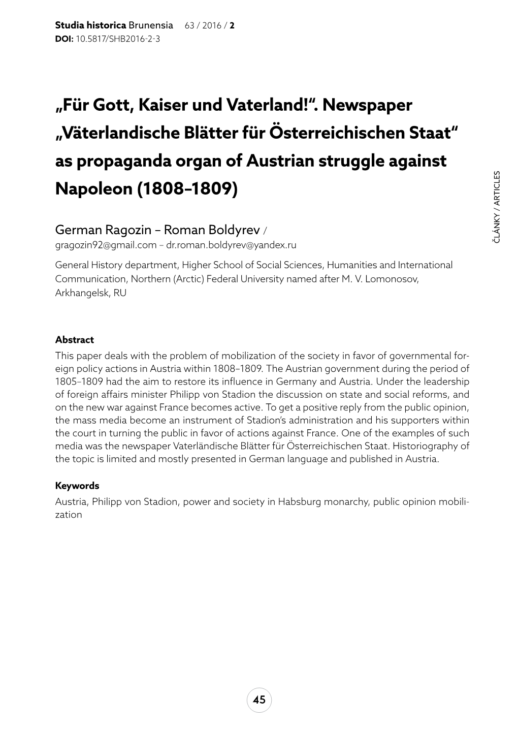 „Für Gott, Kaiser Und Vaterland!“. Newspaper „Väterlandische Blätter Für Österreichischen Staat“ As Propaganda Organ of Austrian Struggle Against Napoleon (1808–1809)