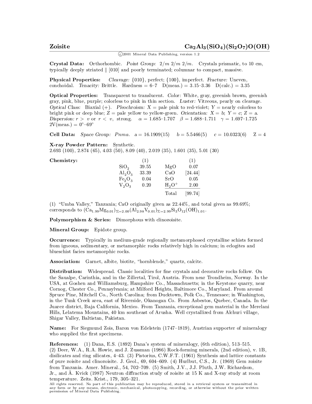 Zoisite Ca2al3(Sio4)(Si2o7)O(OH) C 2001 Mineral Data Publishing, Version 1.2 ° Crystal Data: Orthorhombic