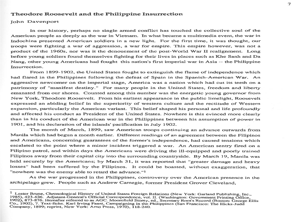 Theodore Roosevelt and the Philippine Insurrection John Davenport