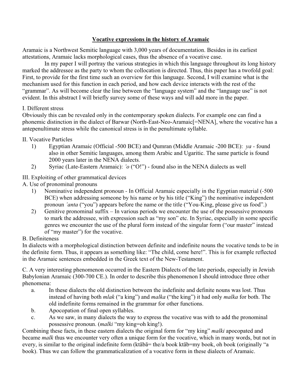 Vocative Expressions in the History of Aramaic