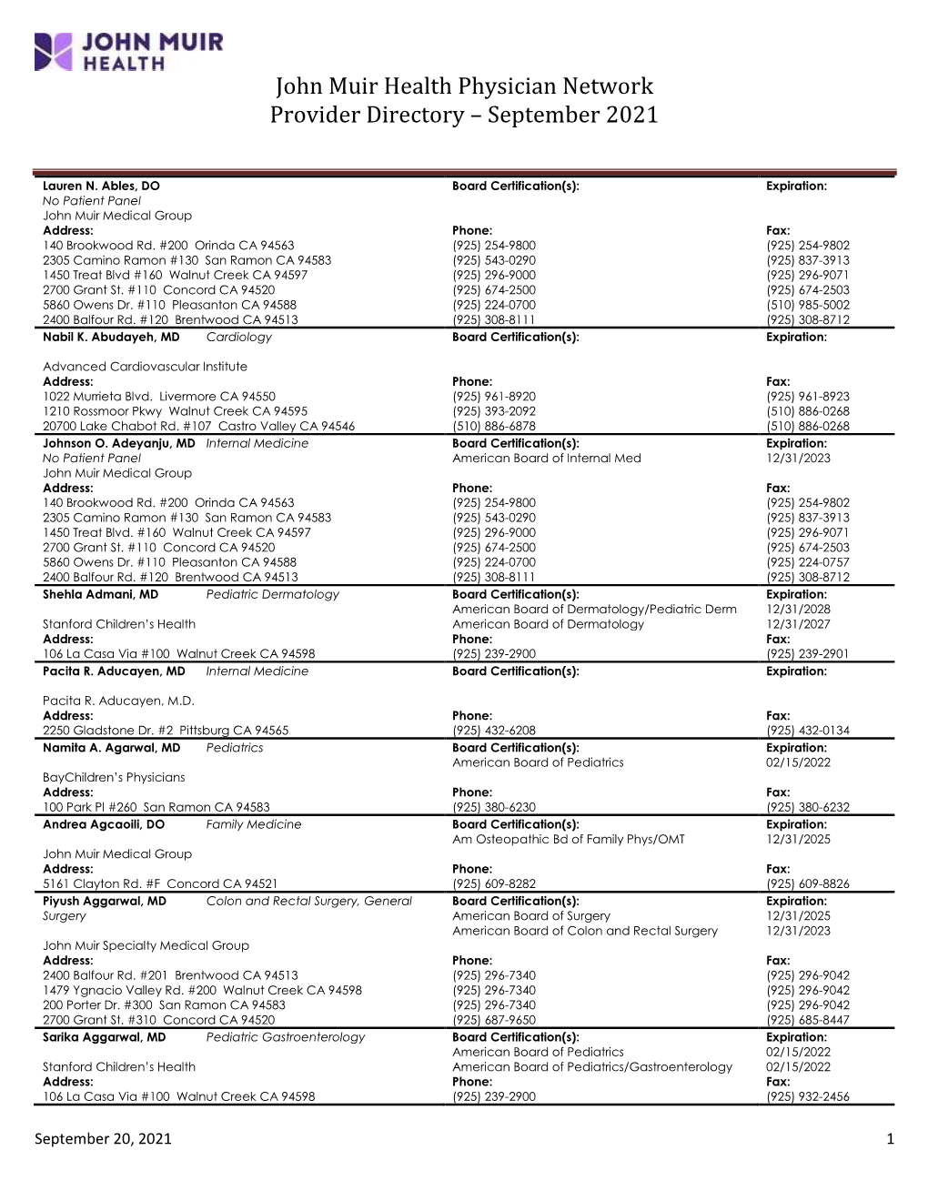 John Muir Health Physician Network Provider Directory – August 2021