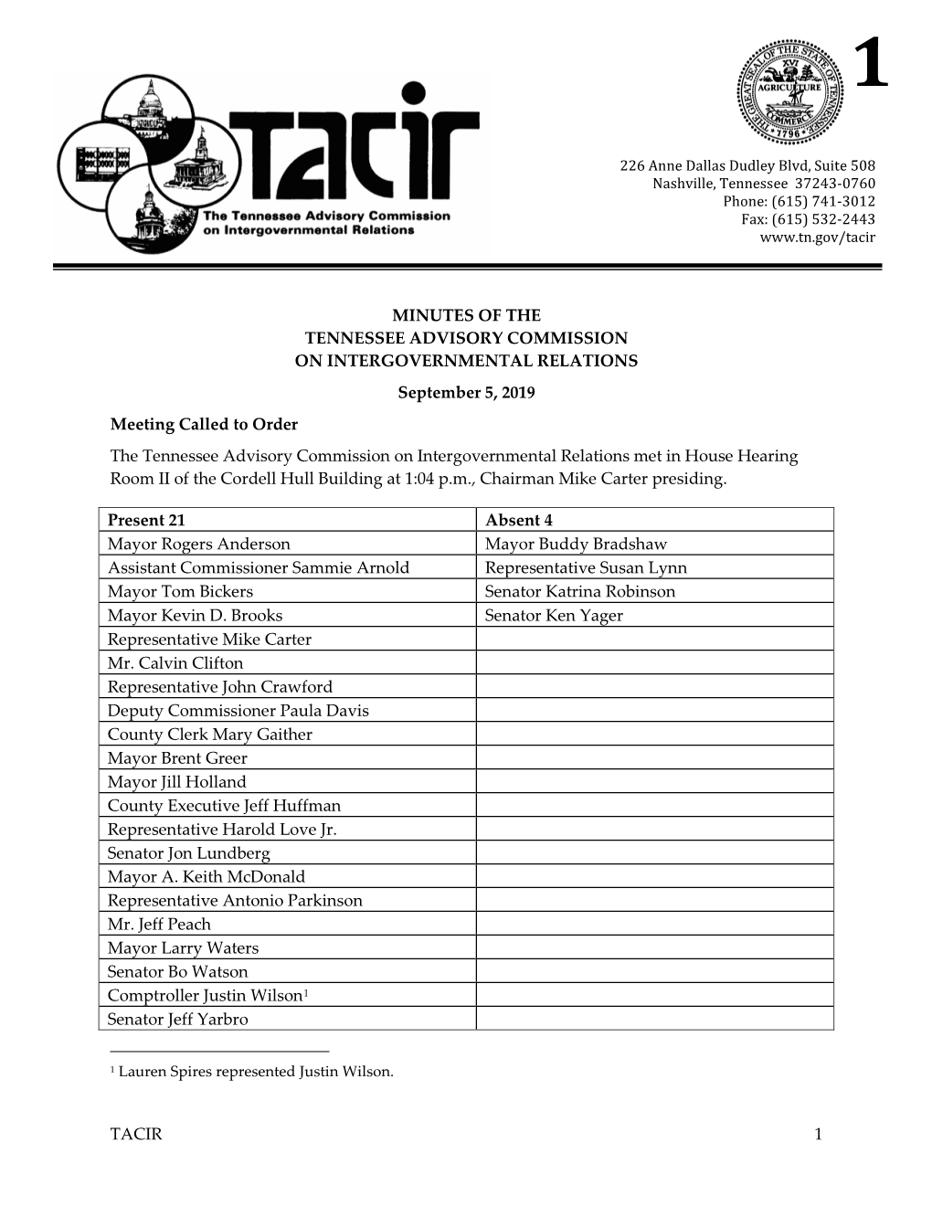 Minutes of September 2019 TACIR Commission Meeting