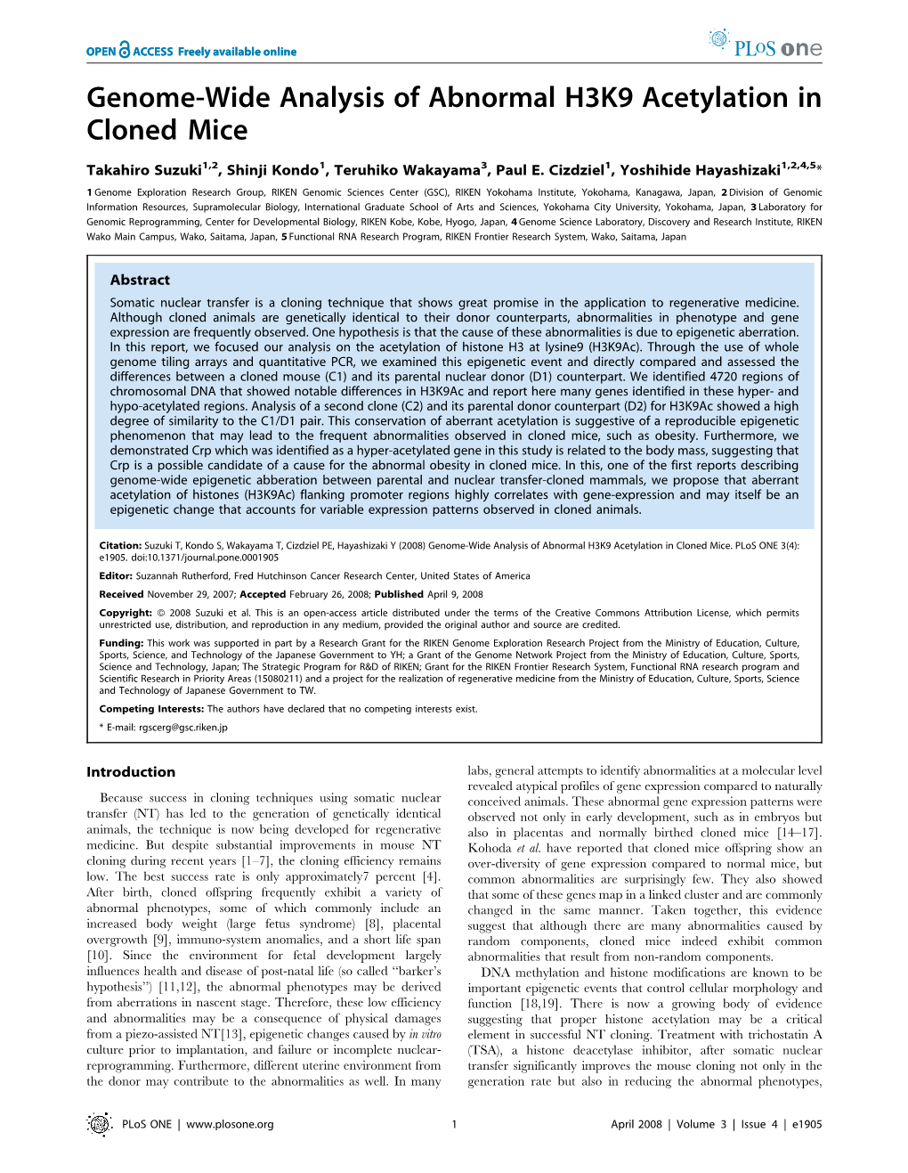 Genome-Wide Analysis of Abnormal H3K9 Acetylation in Cloned Mice