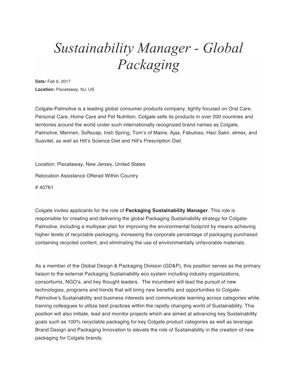 Sustainability Manager - Global Packaging