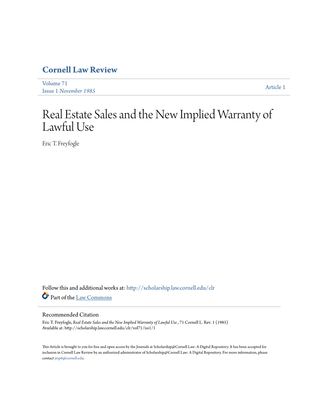 Real Estate Sales and the New Implied Warranty of Lawful Use Eric T