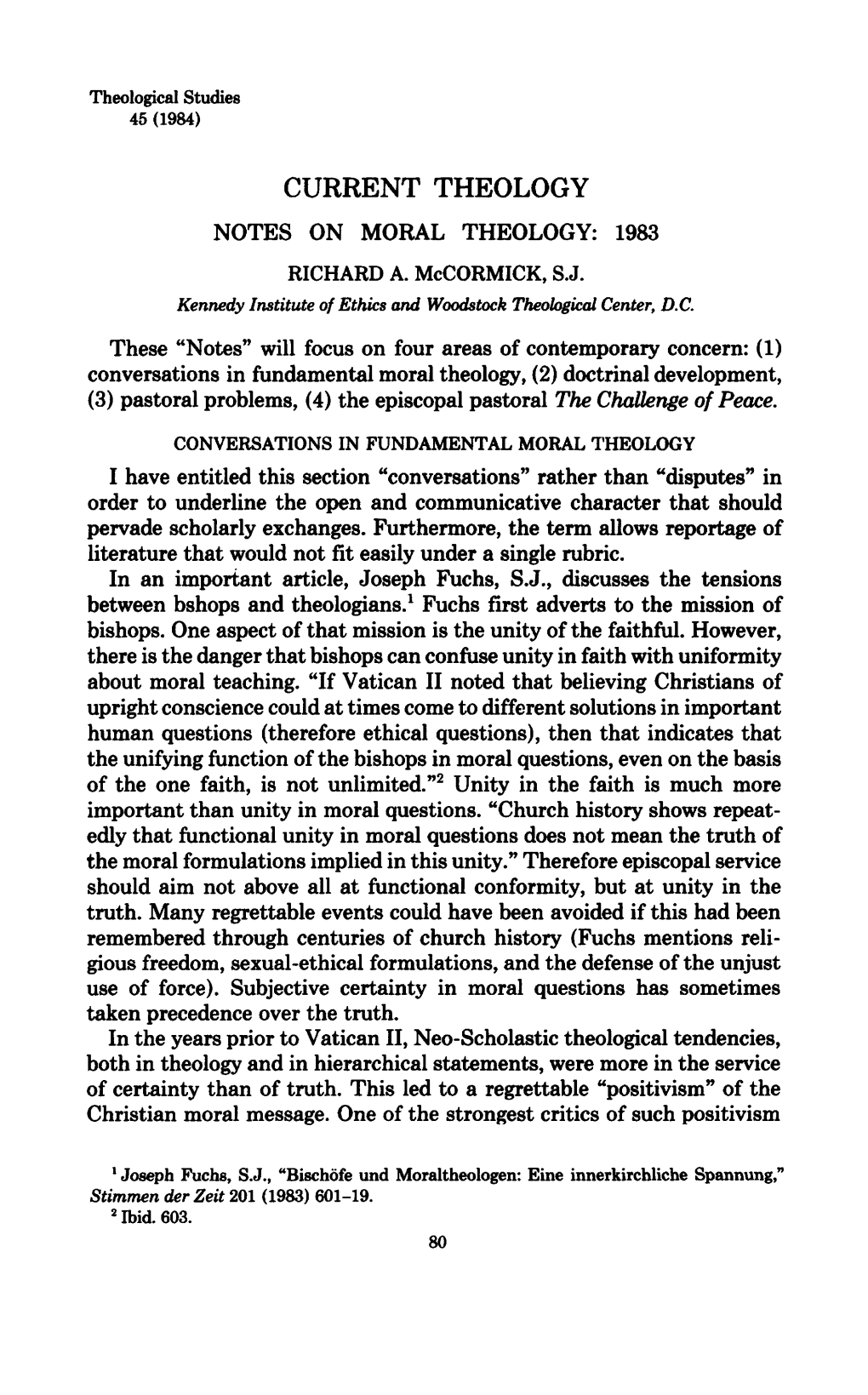 Current Theology Notes on Moral Theology: 1983 Richard A