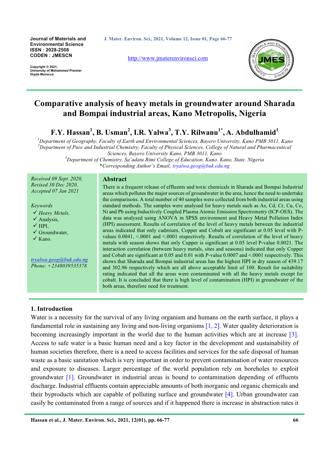 Comparative Analysis of Heavy Metals in Groundwater Around Sharada and Bompai Industrial Areas, Kano Metropolis, Nigeria