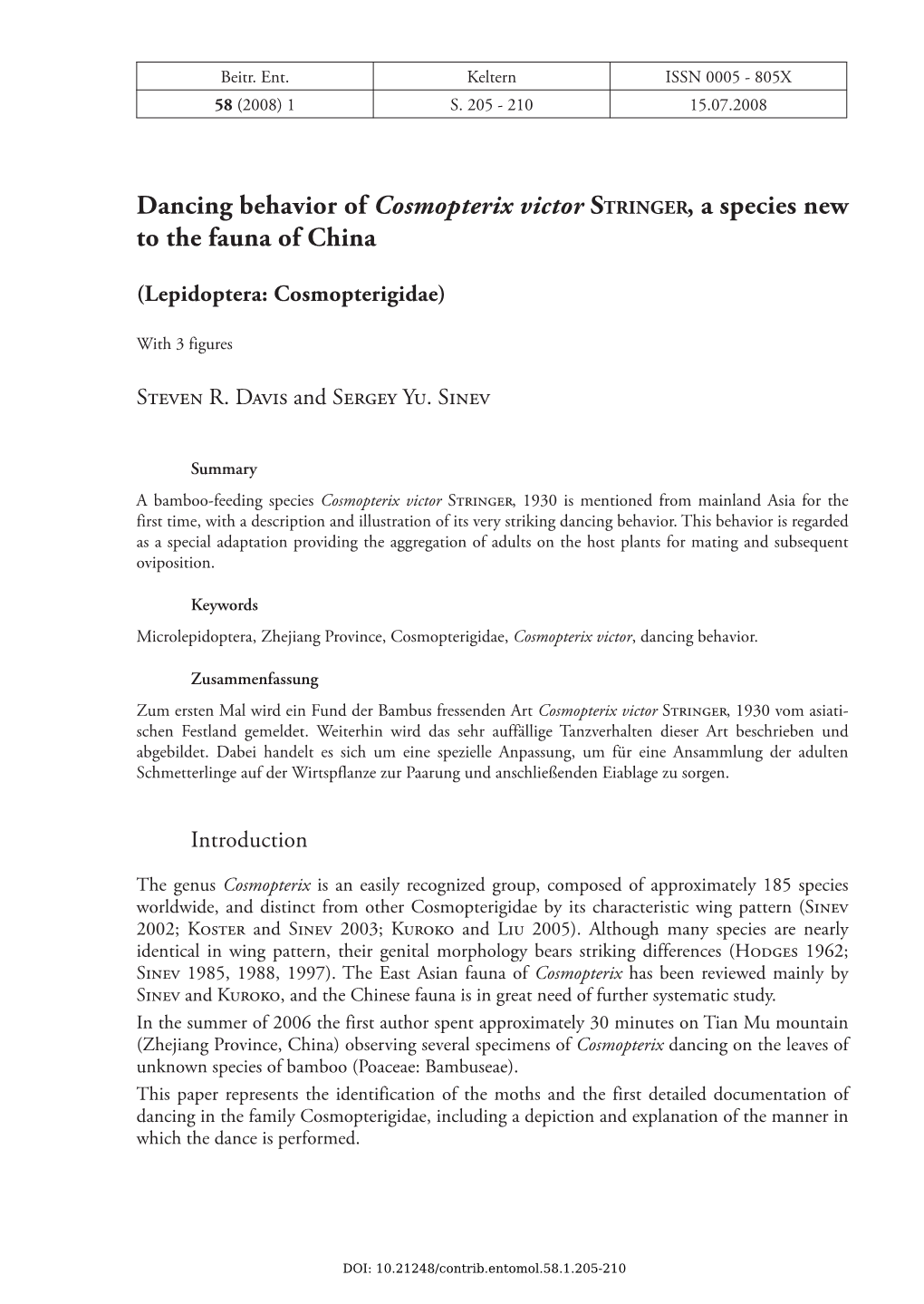 Dancing Behavior of Cosmopterix Victor STRINGER, a Species New to the Fauna of China