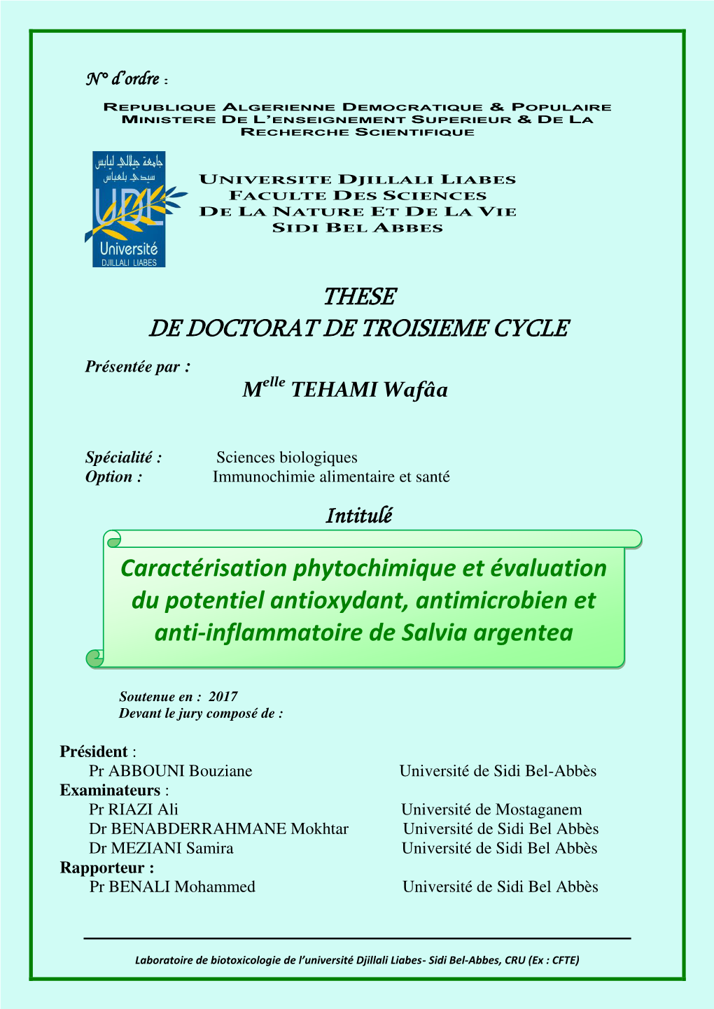 Caractérisation Phytochimique Et Évaluation Du Potentiel Antioxydant, Antimicrobien Et