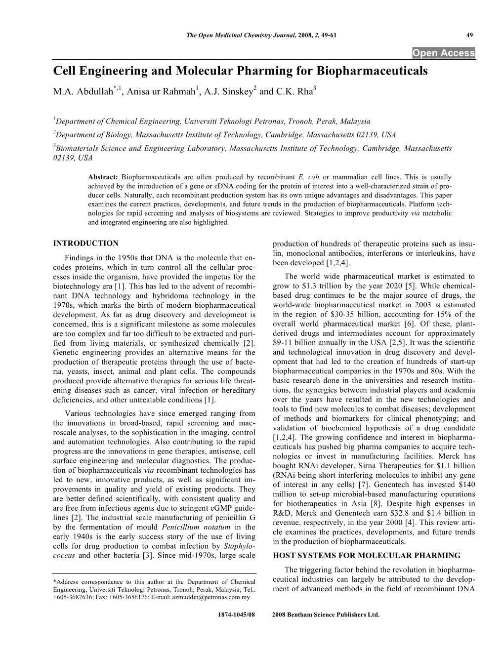 Cell Engineering and Molecular Pharming for Biopharmaceuticals M.A