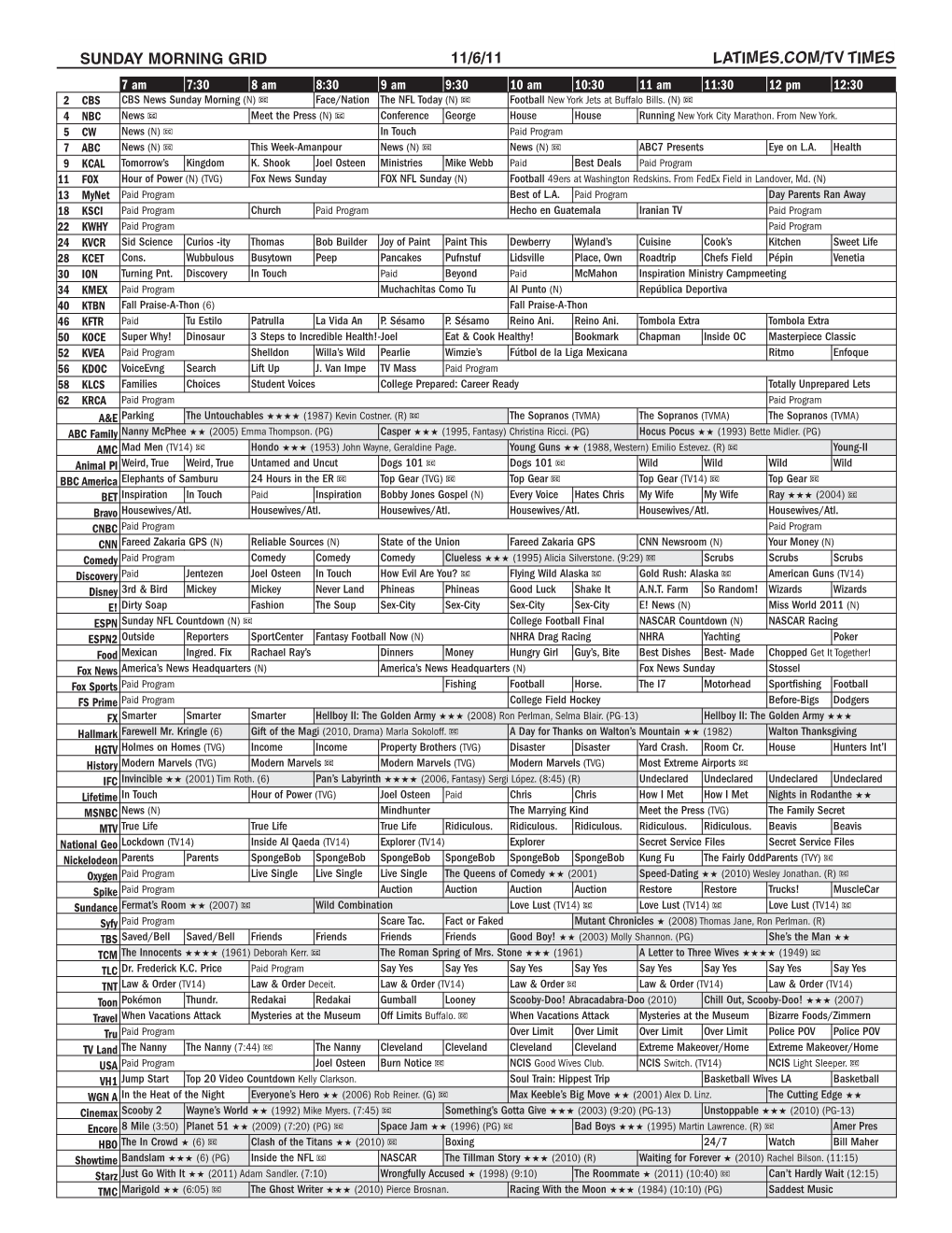 Sunday Morning Grid 11/6/11 Latimes.Com/Tv Times