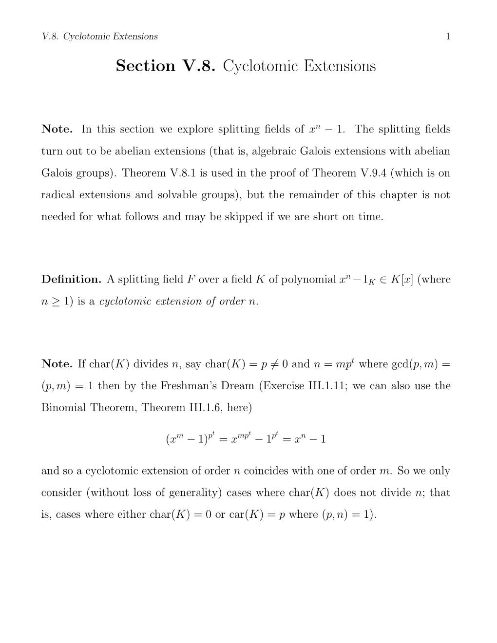 Section V.8. Cyclotomic Extensions