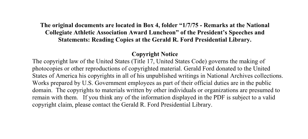 Remarks at the National Collegiate Athletic Association Award Luncheon” of the President’S Speeches and Statements: Reading Copies at the Gerald R