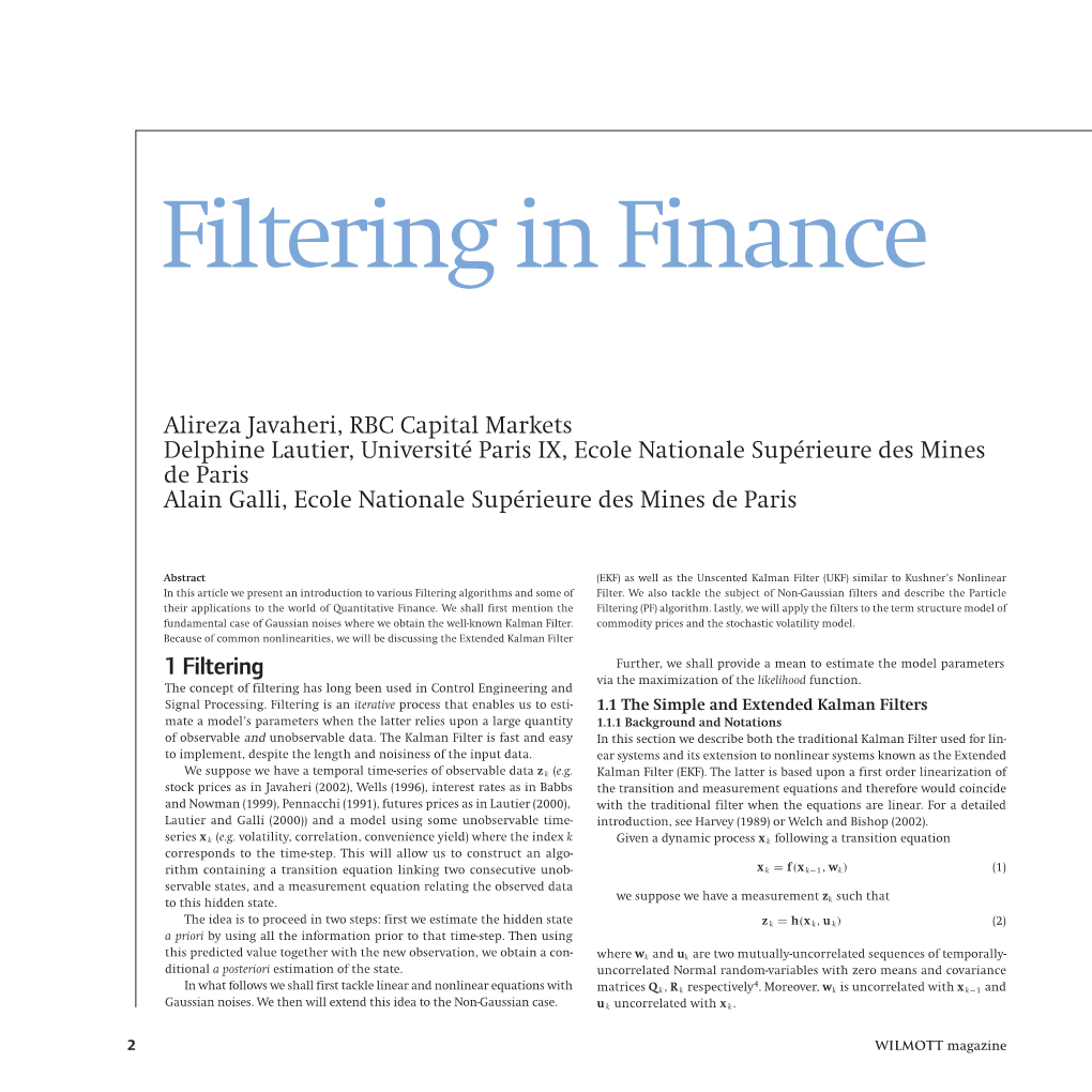 Filtering in Finance
