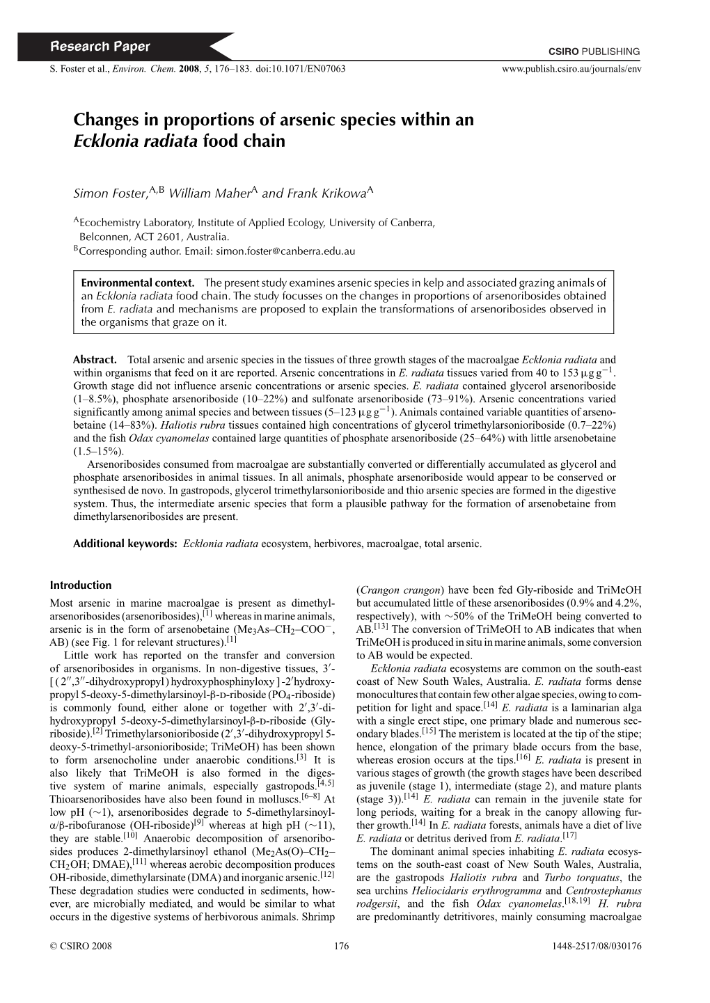 Changes in Proportions of Arsenic Species Within an Ecklonia Radiata Food Chain