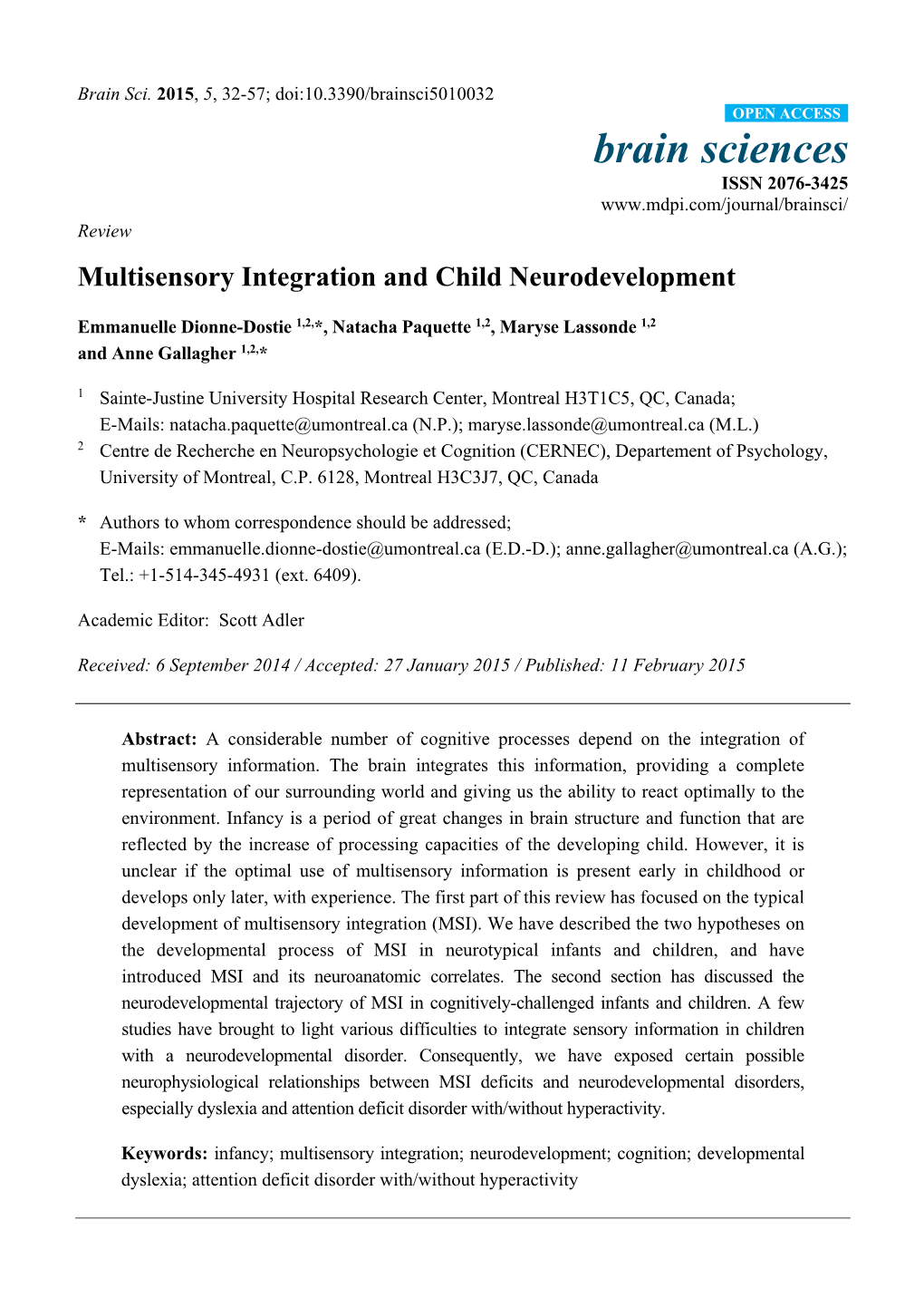 Multisensory Integration and Child Neurodevelopment