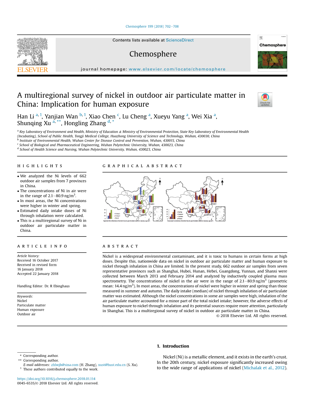 A Multiregional Survey of Nickel in Outdoor Air Particulate Matter in China: Implication for Human Exposure