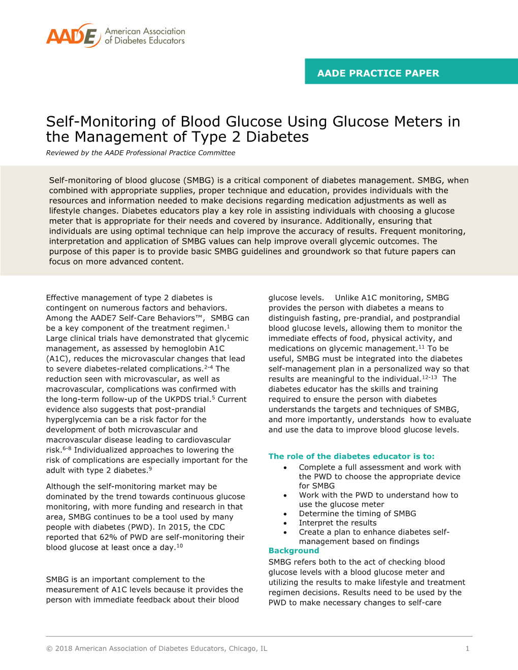 Self-Monitoring of Blood Glucose Using Glucose Meters in the Management of Type 2 Diabetes Reviewed by the AADE Professional Practice Committee