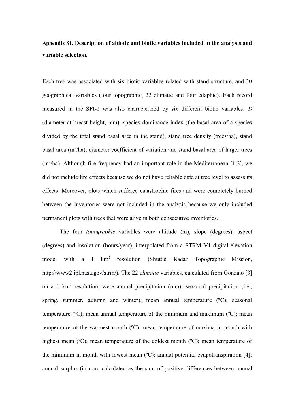 Appendix S1. Description of Abiotic and Biotic Variables Included in the Analysis And