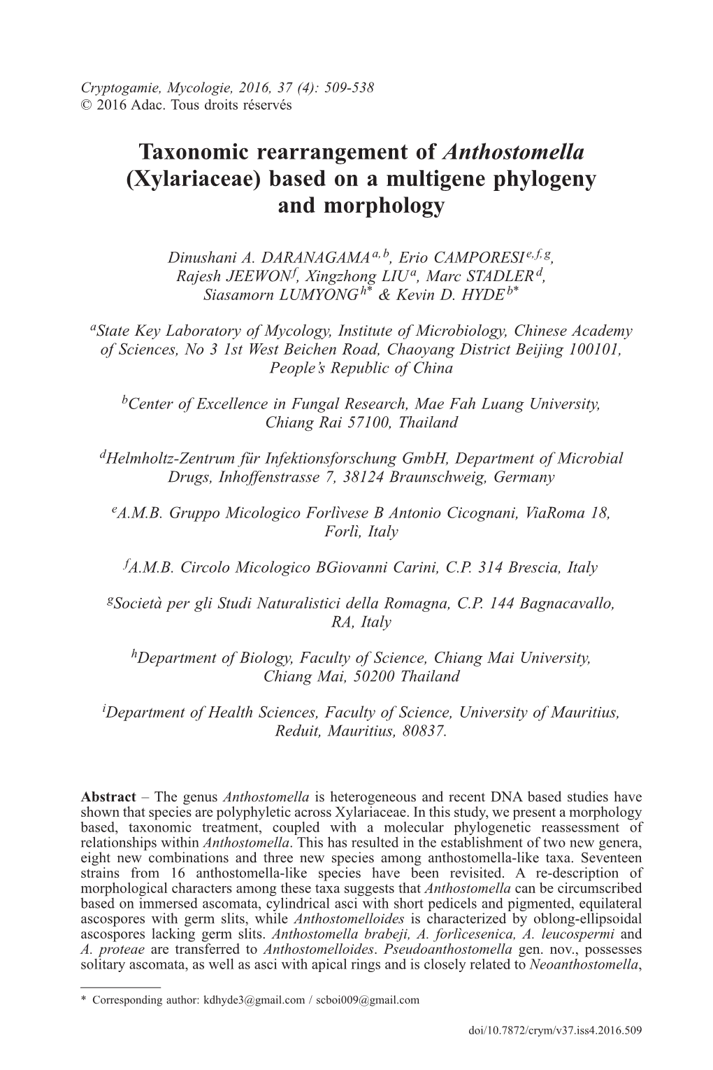 Taxonomic Rearrangement of Anthostomella (Xylariaceae) Based on Amultigene Phylogeny and Morphology